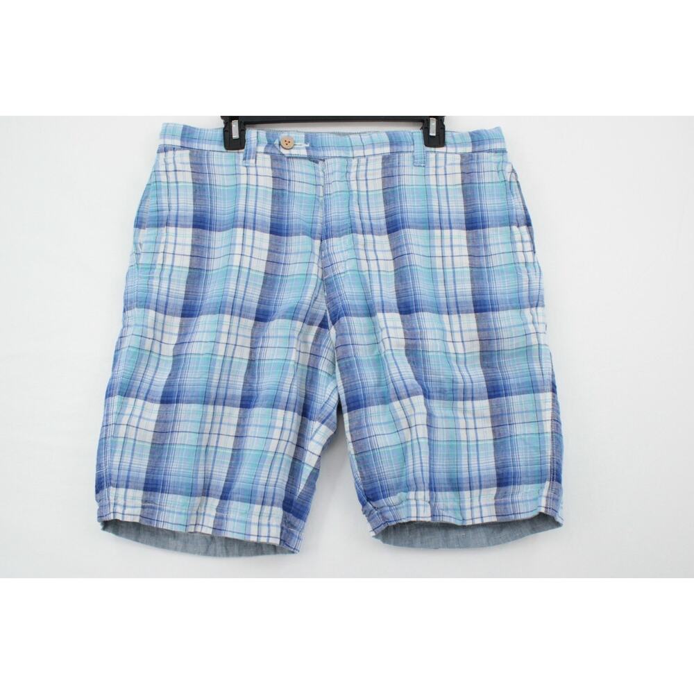 Tommy Bahama Reversable Shorts Mens 33 Blue Linen Plaid Golf Beach Activewear